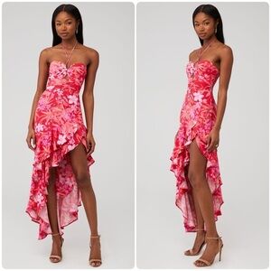 Amanda Uprichard 🌸 Floral Ruffle Halter Estrada Dress in Azalea Size Large